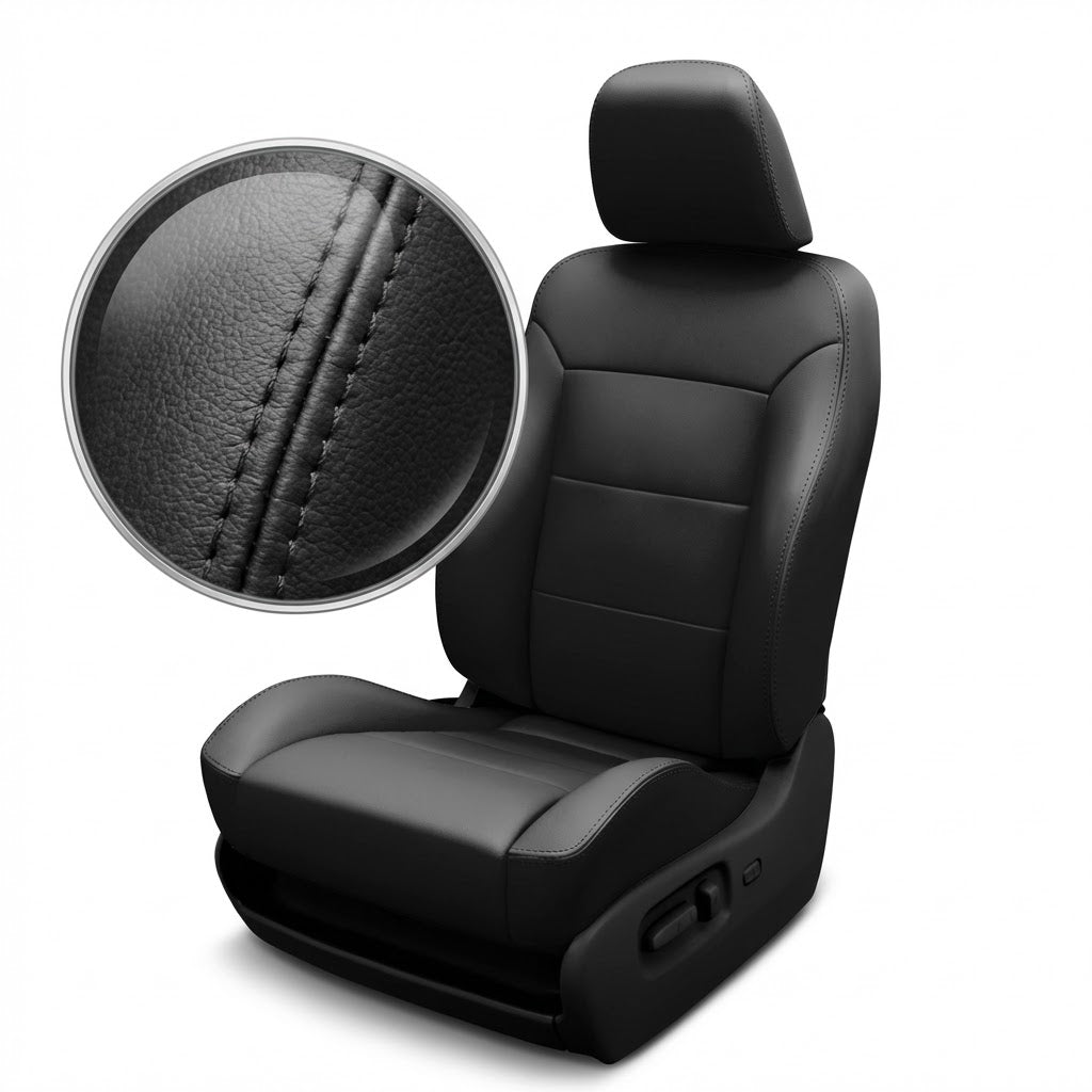 Black car seat cover with detailed stitching on a white background