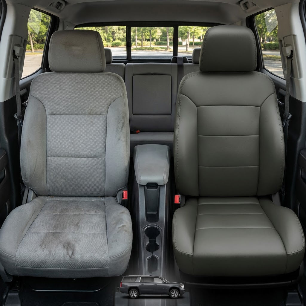 Before-and-after comparison of Nissan NV200 front seats, showing cloth seat upgraded to perforated leather upholstery.
