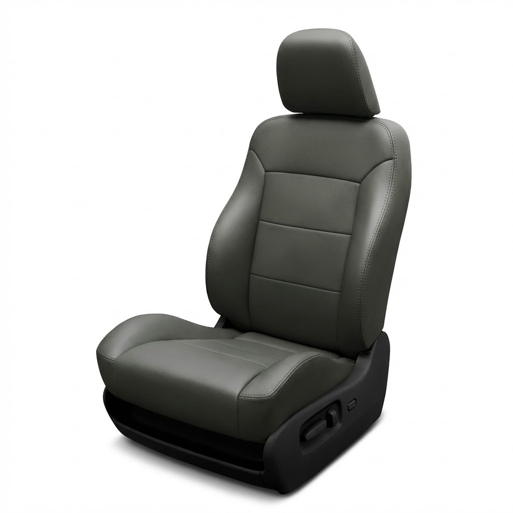 Gray car seat with black base on a white background