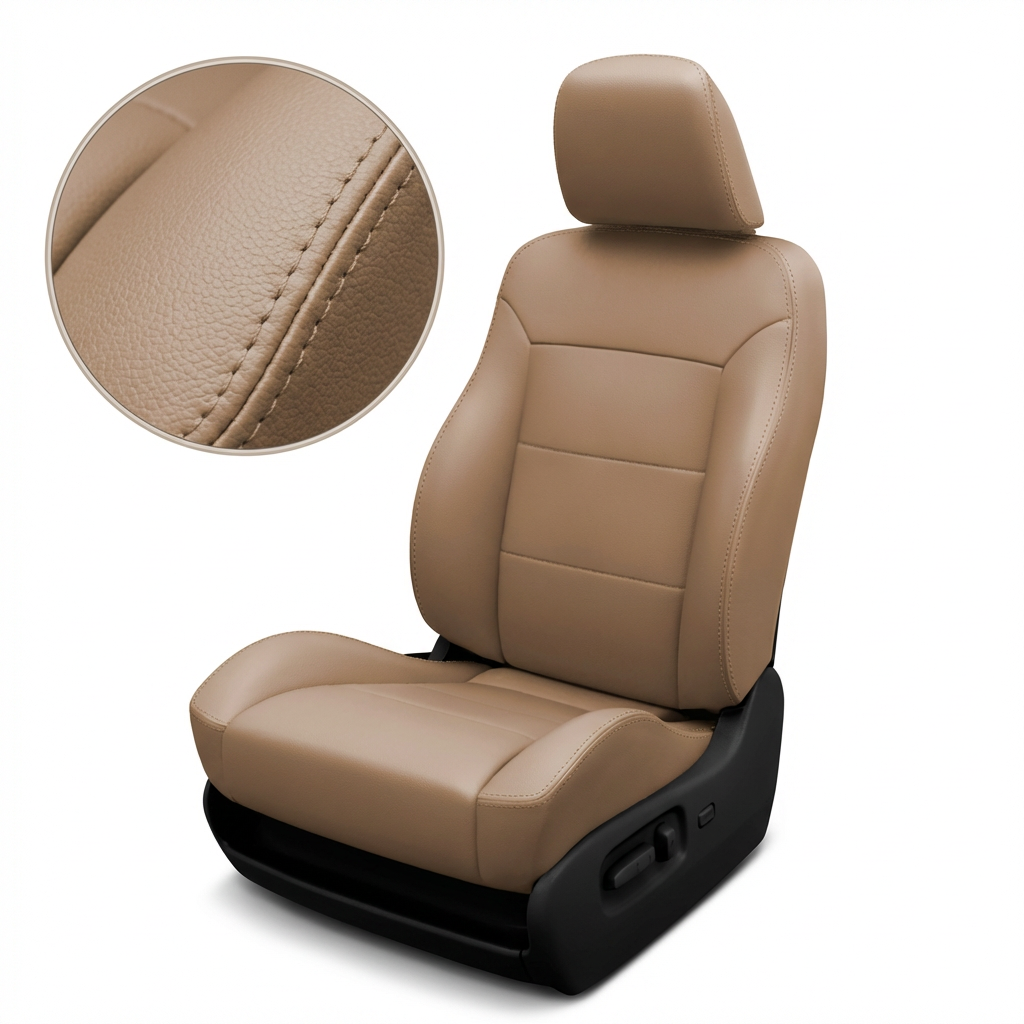 Beige car seat with detailed stitching on a white background