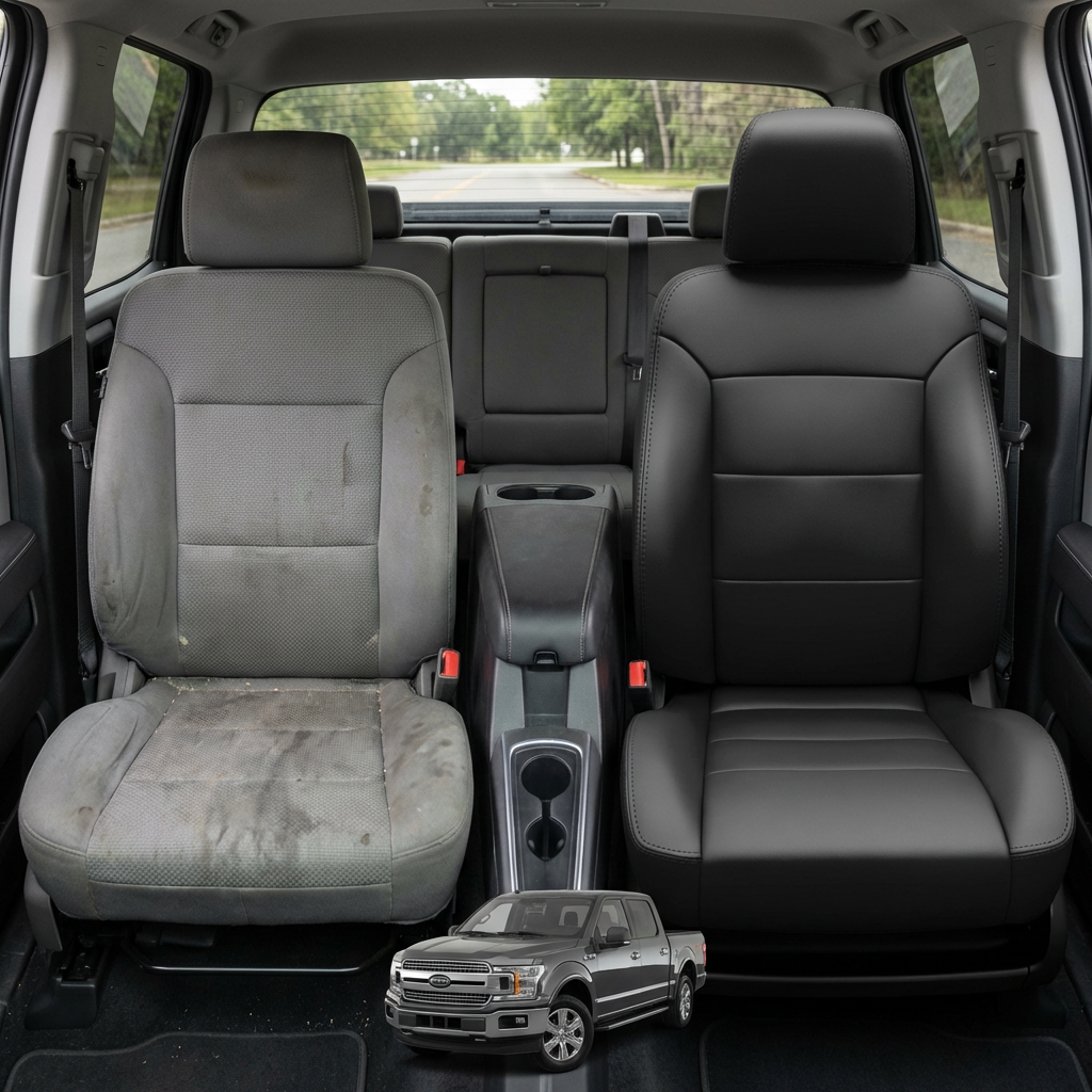 Before-and-after comparison of Subaru BRZ front seats, showing cloth seat upgraded to perforated leather upholstery.
