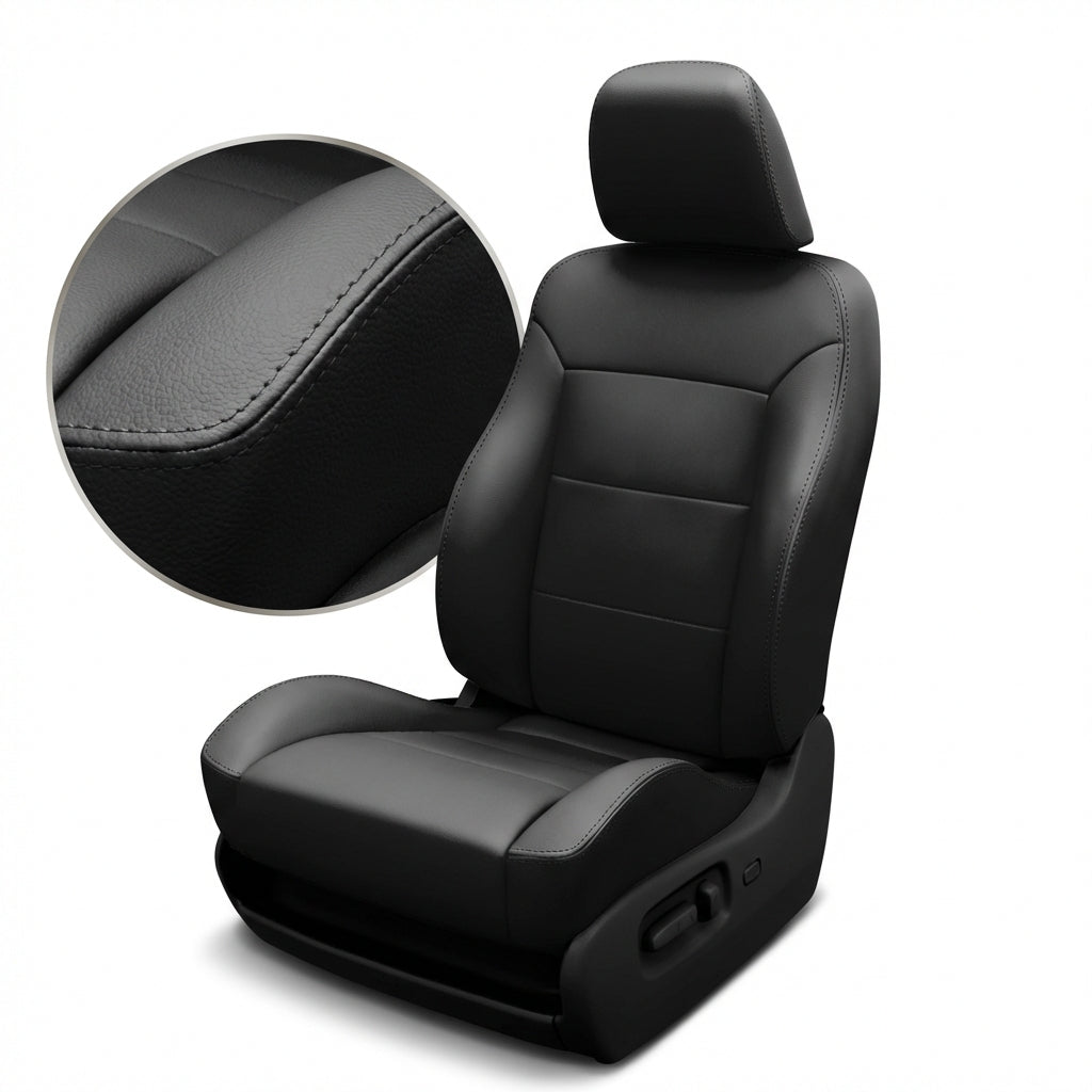 Black car seat cover with detailed texture on a white background