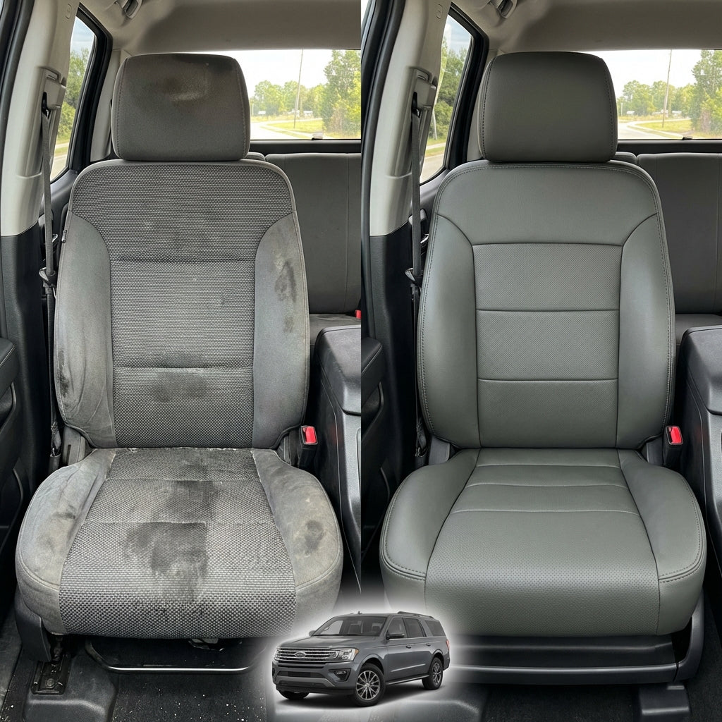 Before-and-after comparison of Subaru BRZ front seats, showing cloth seat upgraded to perforated leather upholstery.
