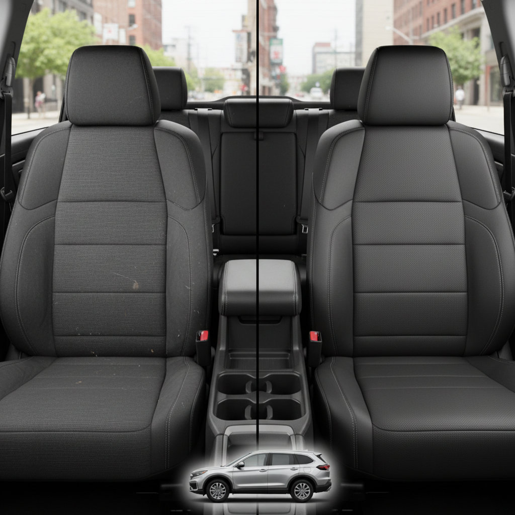 Before-and-after comparison of Toyota 86 front seats, showing cloth seat upgraded to perforated leather upholstery.
