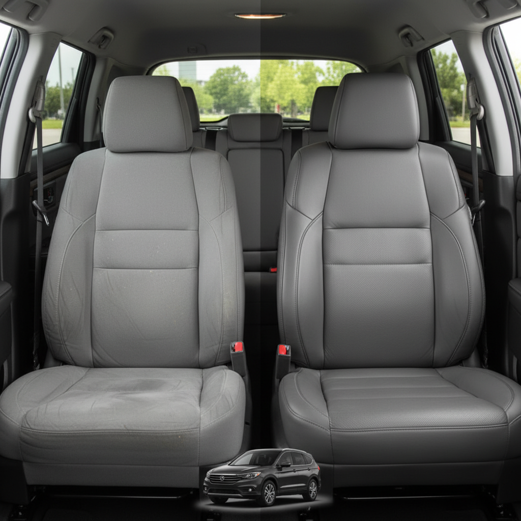Before-and-after comparison of Toyota 86 front seats, showing cloth seat upgraded to perforated leather upholstery.
