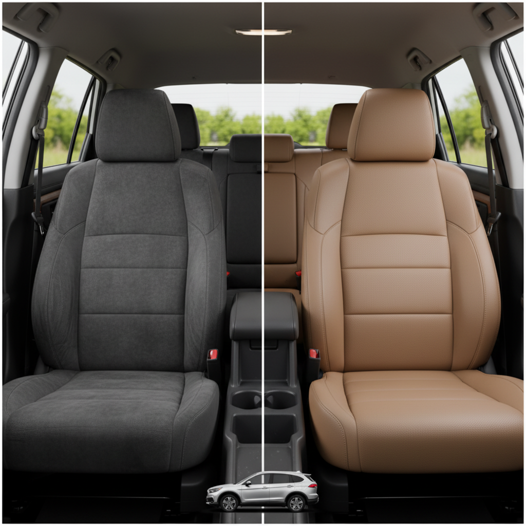 Before-and-after comparison of Toyota 86 front seats, showing cloth seat upgraded to perforated leather upholstery.
