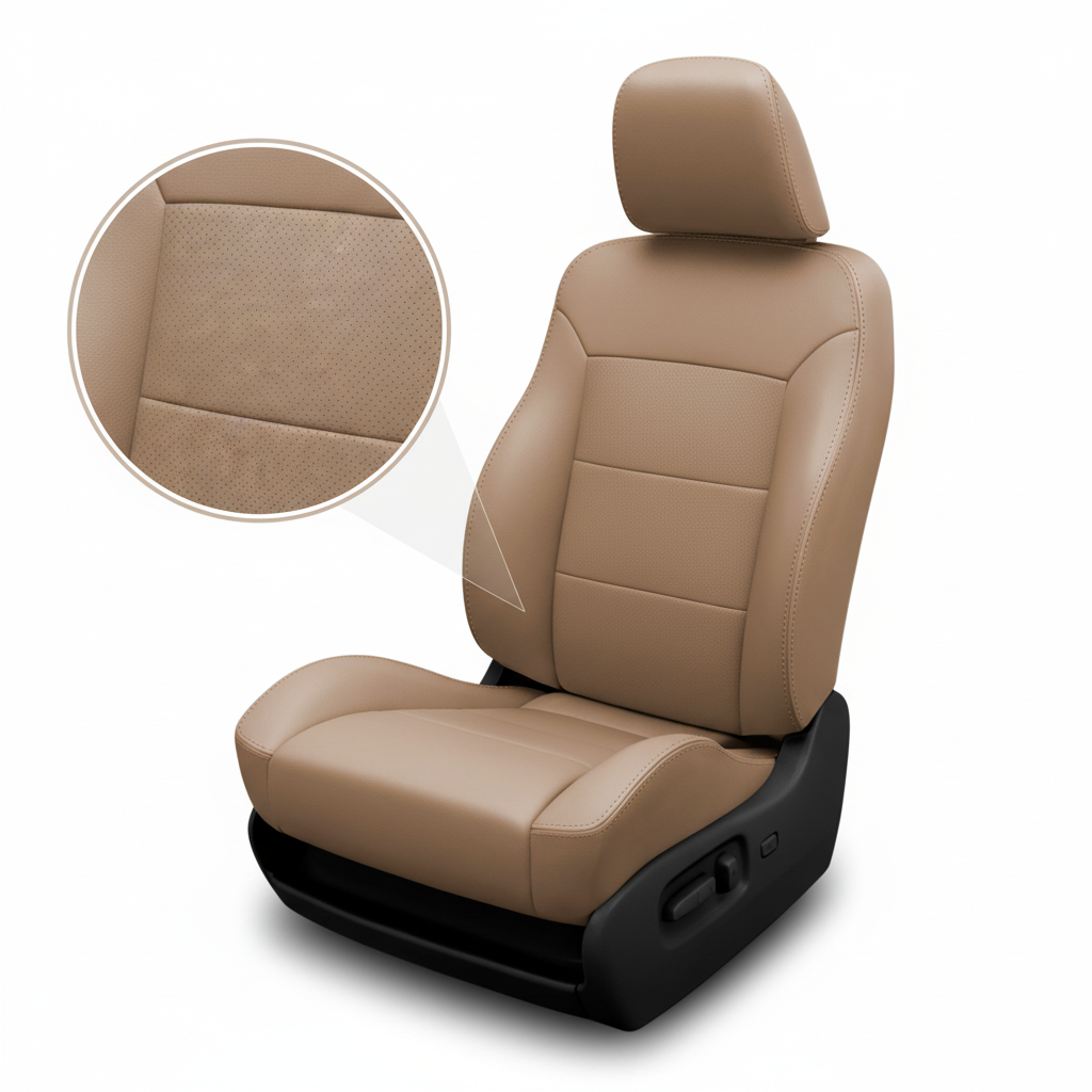 Beige car seat with close-up detail on a white background