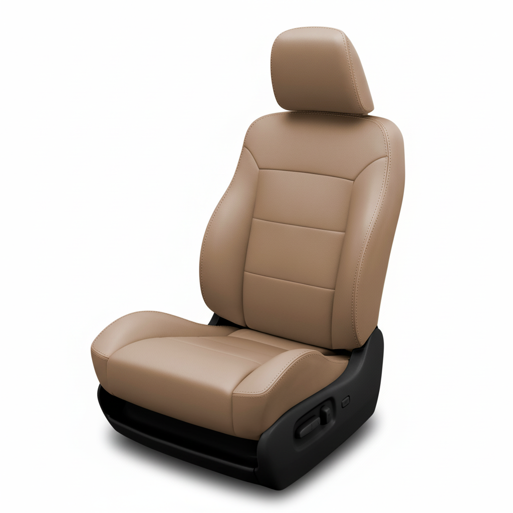 Beige car seat with headrest on a white background