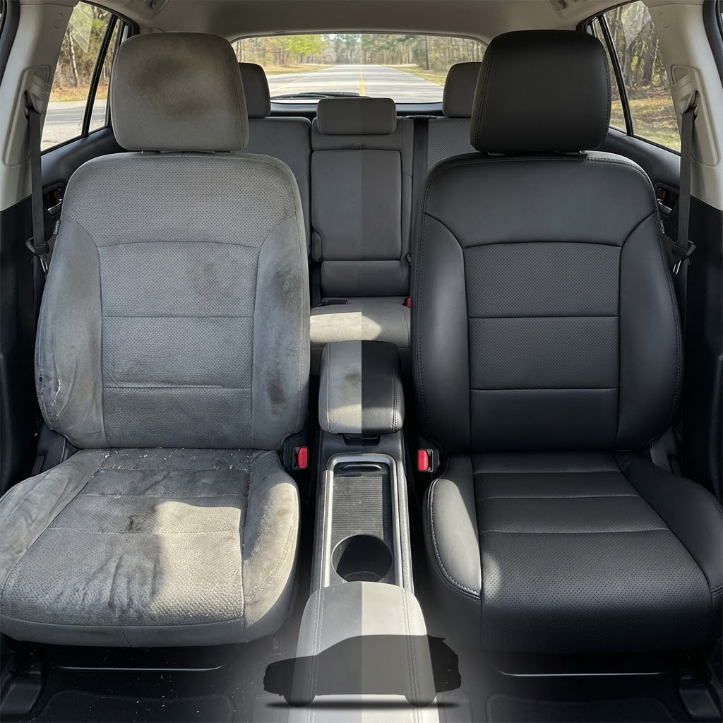 Before-and-after comparison of Toyota FR-S front seats, showing cloth seat upgraded to perforated leather upholstery.
