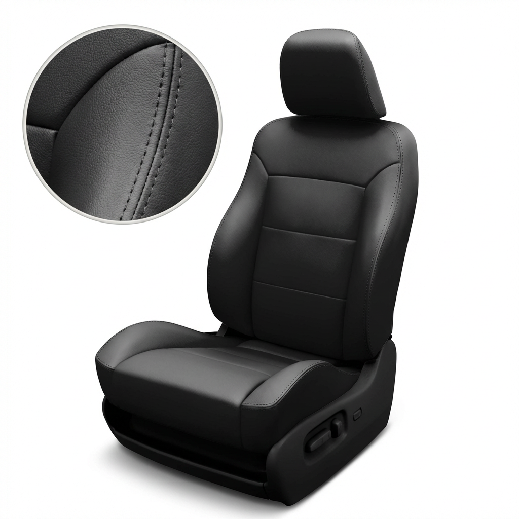 Black car with close up detailed texture Black Stitching on a White Background