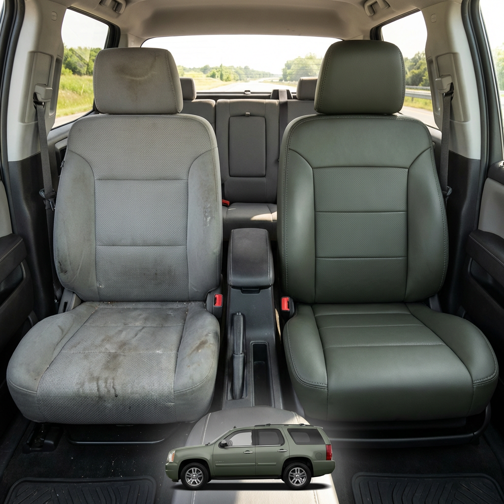 Before-and-after comparison of Toyota FRS front seats, showing cloth seat upgraded to perforated leather upholstery.
