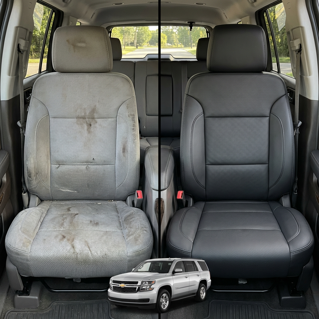 Before-and-after comparison of Dodge Dart front seats, showing cloth seat upgraded to perforated leather upholstery.
