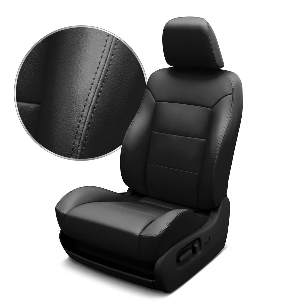 Black car seat cover with detailed stitching on a white background