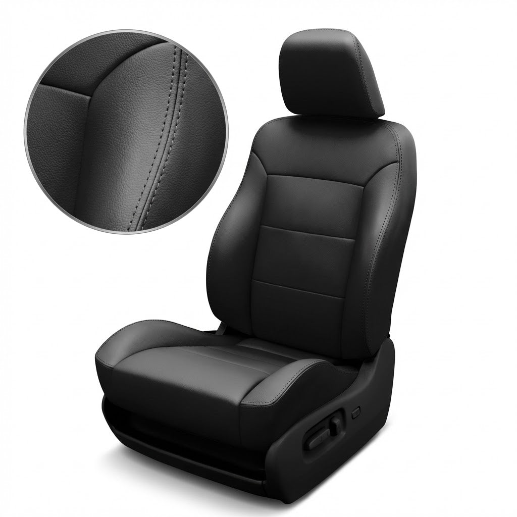 Black car seat cover with detailed stitching on a white background