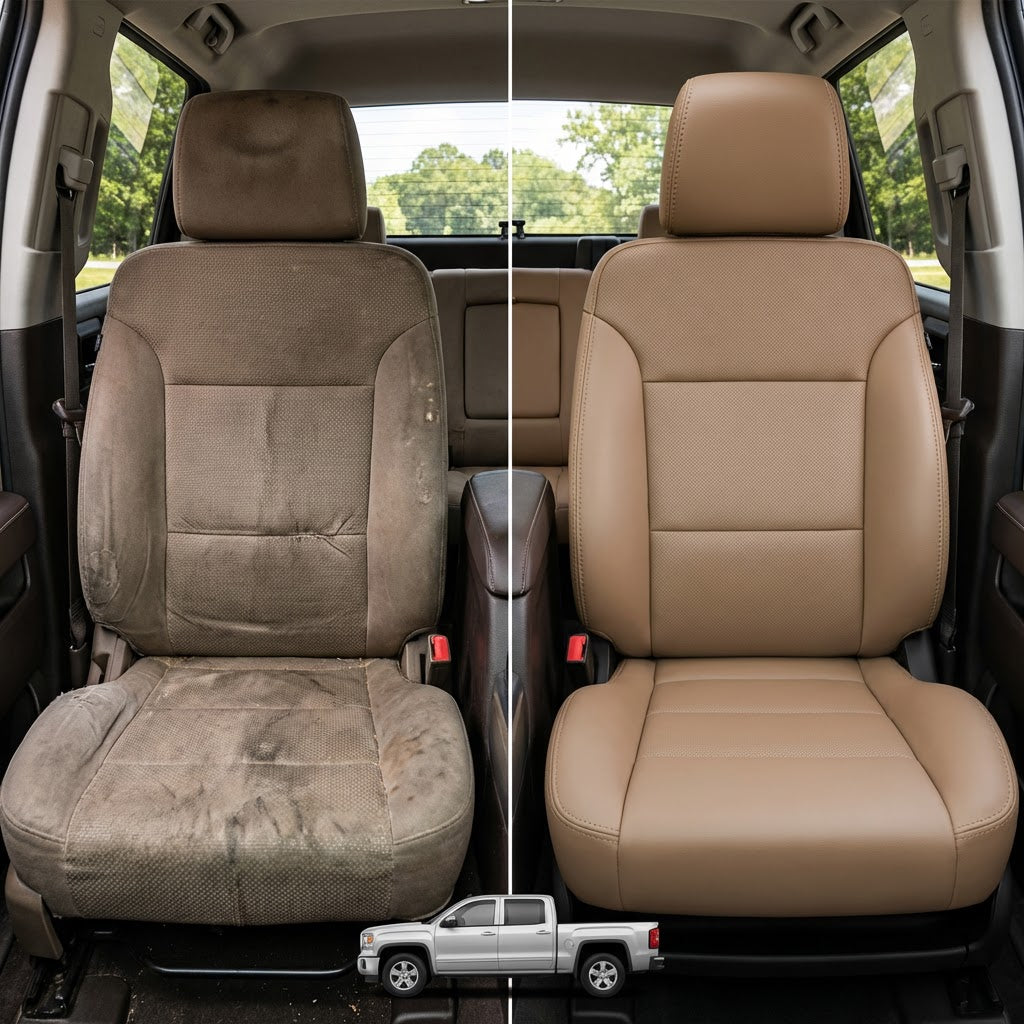 Before-and-after comparison of Mini Cooper front seats, showing cloth seat upgraded to perforated leather upholstery.