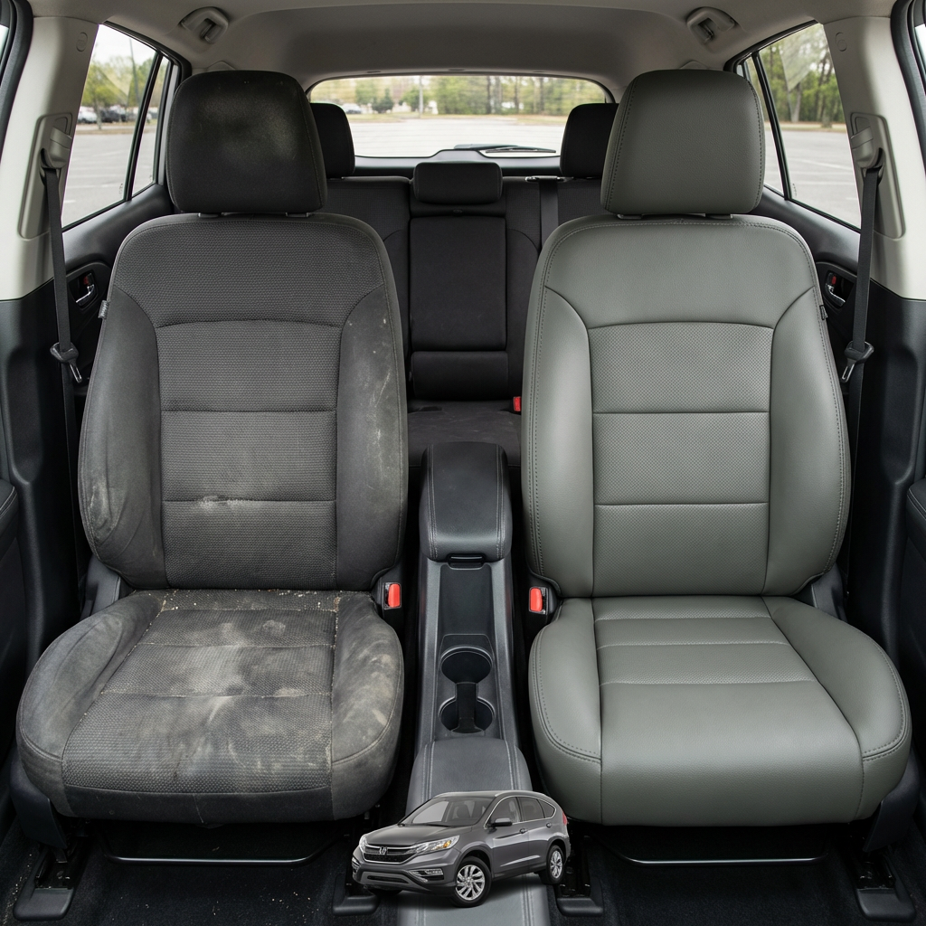 Before-and-after comparison of Subaru XV Crosstrek front seats, showing cloth seat upgraded to perforated leather upholstery.

