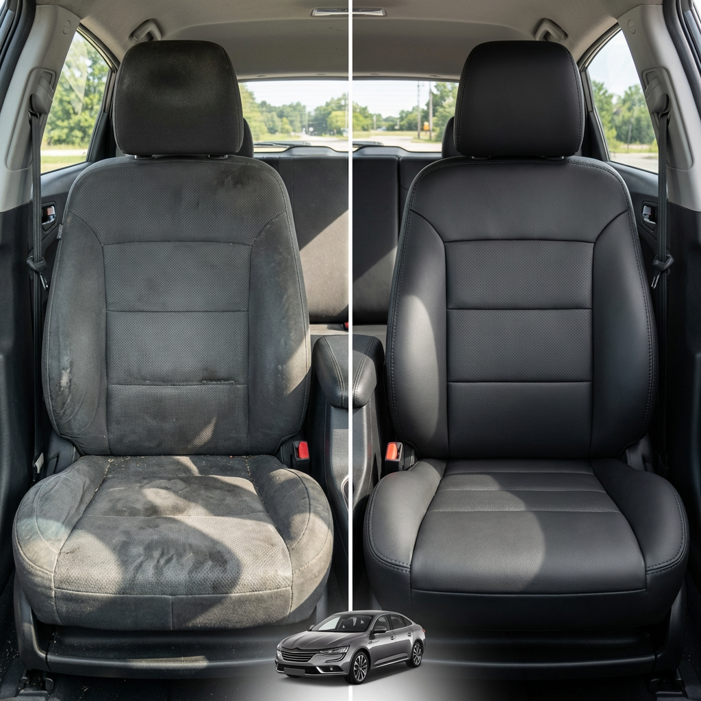 Before-and-after comparison of Subaru XV Crosstrek front seats, showing cloth seat upgraded to perforated leather upholstery.

