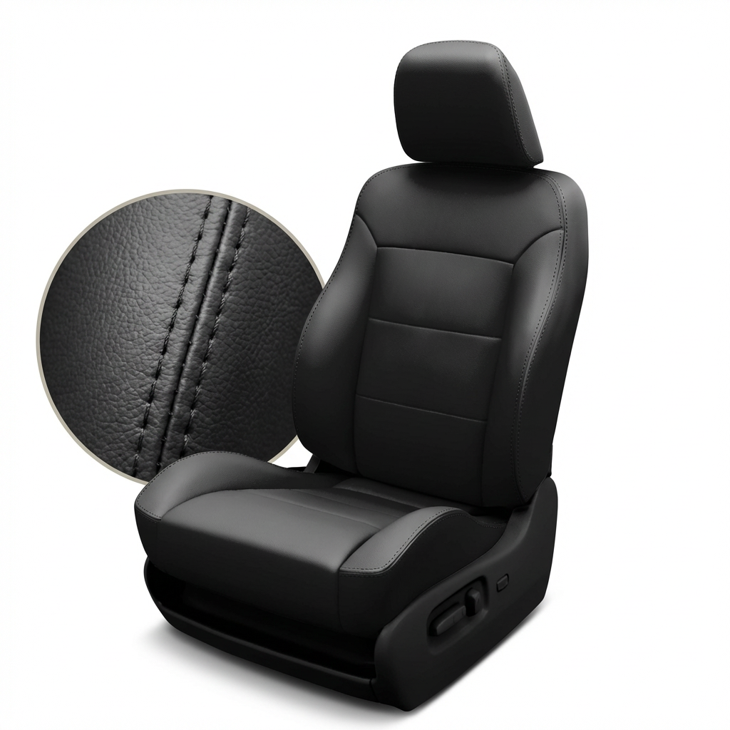 Black car seat with close-up of stitching detail on a white background
