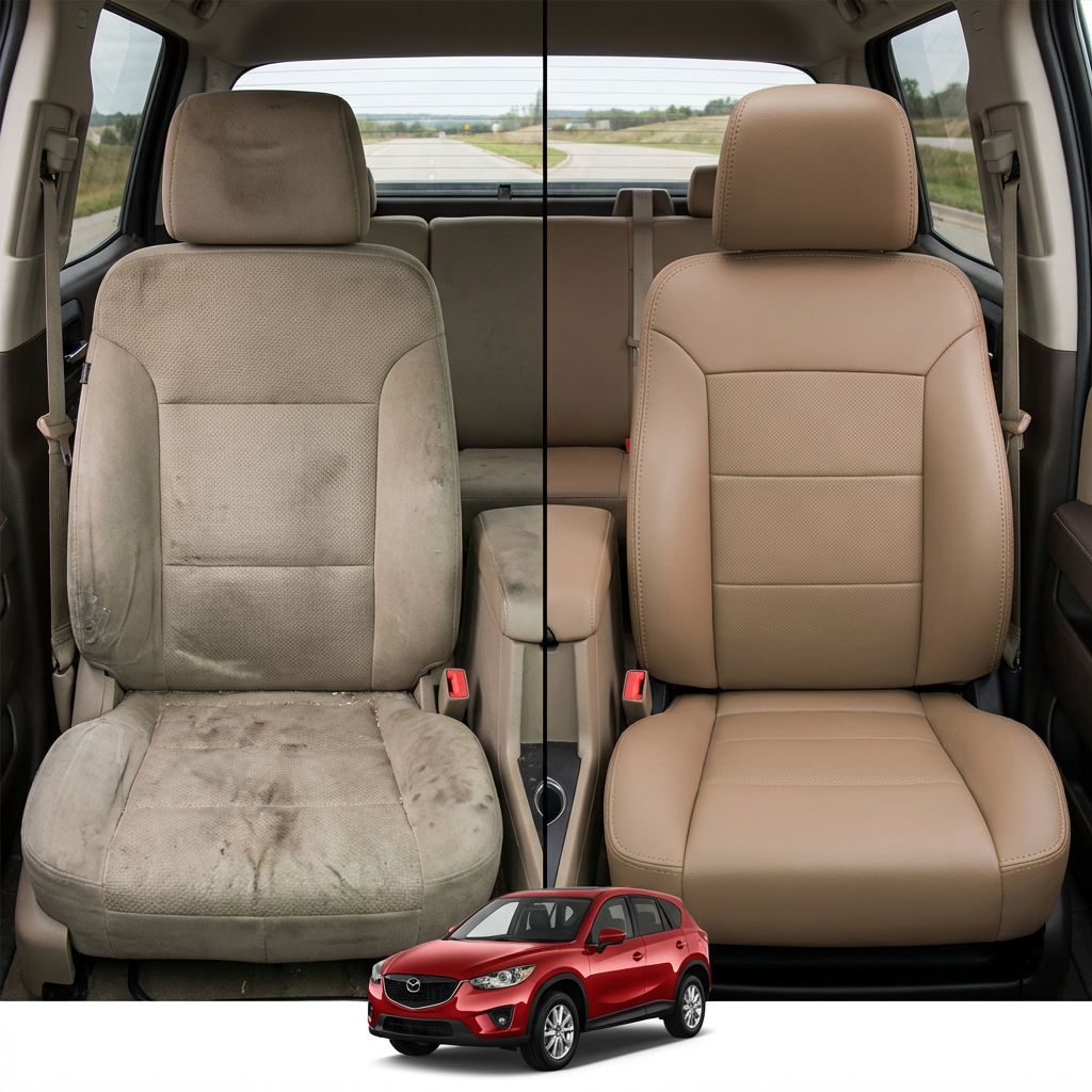 Before-and-after comparison of Subaru XV Crosstrek front seats, showing cloth seat upgraded to perforated leather upholstery.
