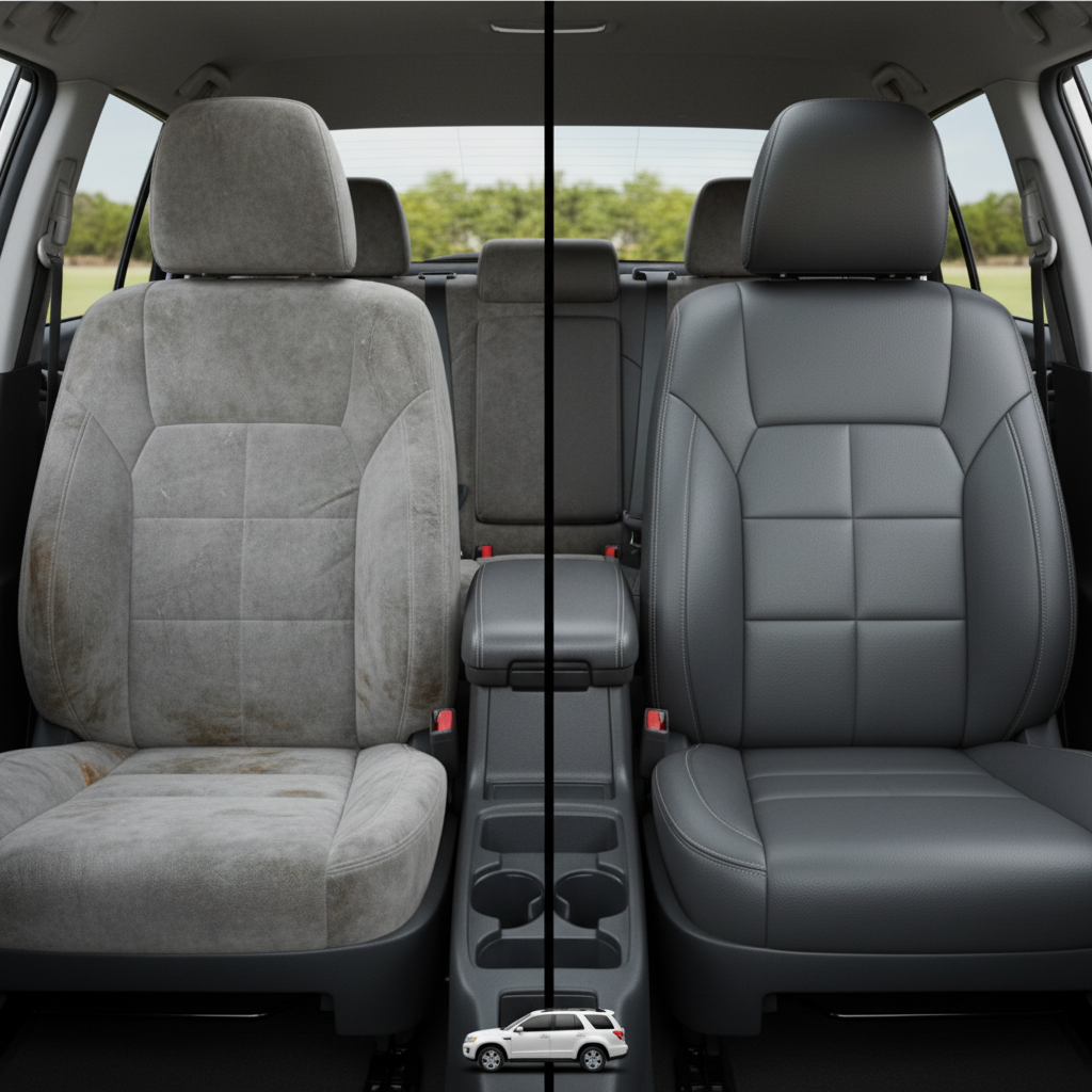 Before-and-after comparison of Toyota Corolla front seats, showing cloth seat upgraded to perforated leather upholstery.
