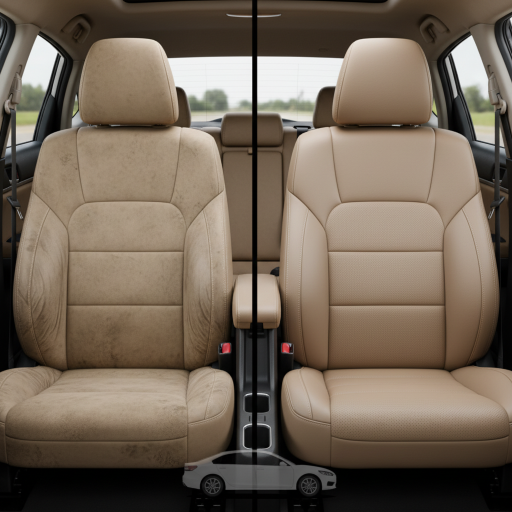 Before-and-after comparison of Toyota Corolla front seats, showing cloth seat upgraded to perforated leather upholstery.
