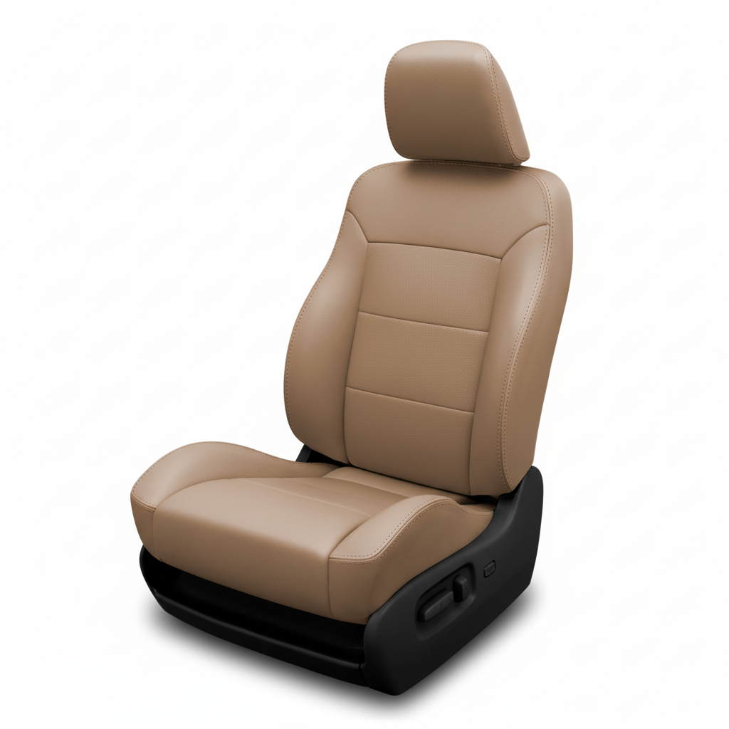 Beige car seat with headrest on a white background
