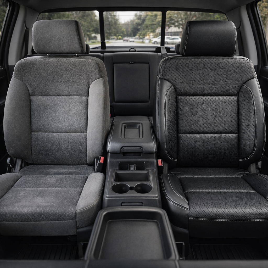 Before-and-after front in-cabin view of a 2014–2019 Chevrolet Silverado Old Body Style showing a seat upholstery upgrade: the left front seat has factory gray cloth upholstery, while the right front seat features an upgraded Leatherteck leather seat kit in black with perforated inserts and silver contrast stitching. The image shows the Silverado interior with the front center console, cupholders, storage tray, folding rear armrest, rear bench seat, headrests, red seatbelt buckles, rear window, black floor 