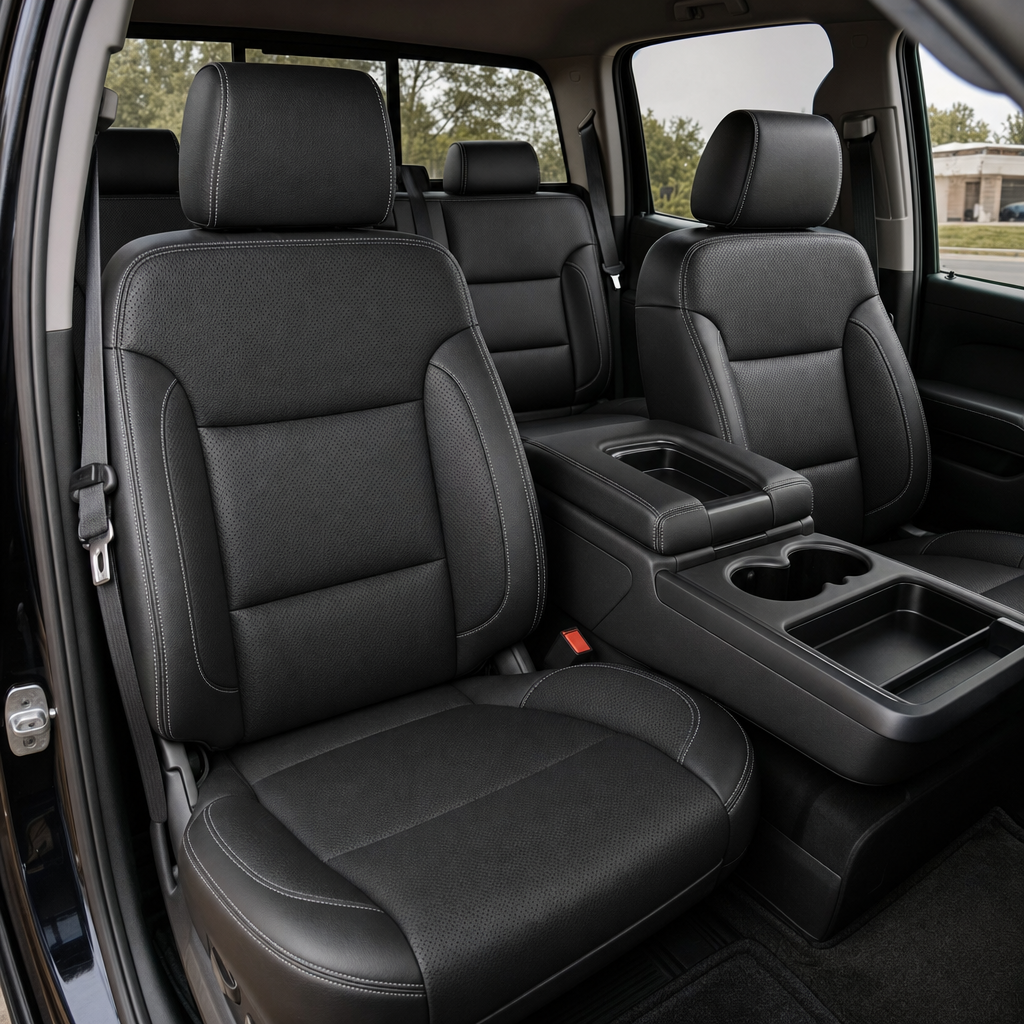 Front in-cabin view of a 2014–2019 Chevrolet Silverado Old Body Style with an installed Leatherteck leather seat upholstery kit in black, featuring perforated inserts and silver contrast stitching. The image shows the upgraded driver and passenger front bucket seats with black leather headrests, perforated black center panels on the seatbacks and cushions, smooth black side bolsters, and silver stitching along the headrests, bolsters, seams, and seat edges. The Silverado cabin includes the front center co