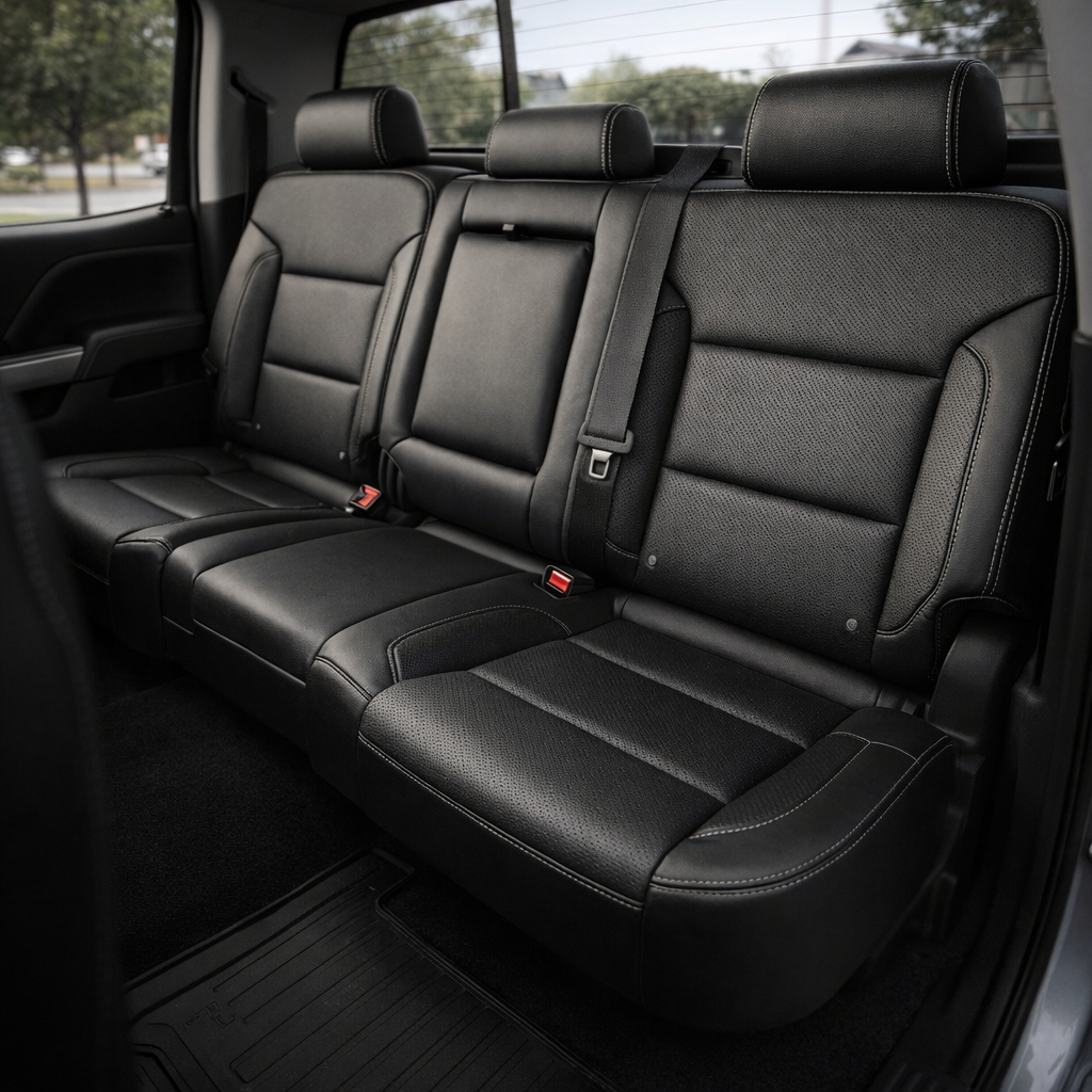 Rear in-cabin view of a 2014–2019 Chevrolet Silverado Old Body Style with an installed Leatherteck leather seat upholstery kit in black, featuring perforated inserts and silver contrast stitching. The image shows the upgraded rear bench seat with three black leather headrests, perforated black seatback and cushion inserts, smooth black bolsters, and silver stitching along the headrests, seams, seat edges, and outer panels. The Silverado rear cabin includes visible seatbelts, red seatbelt buckles, rear door