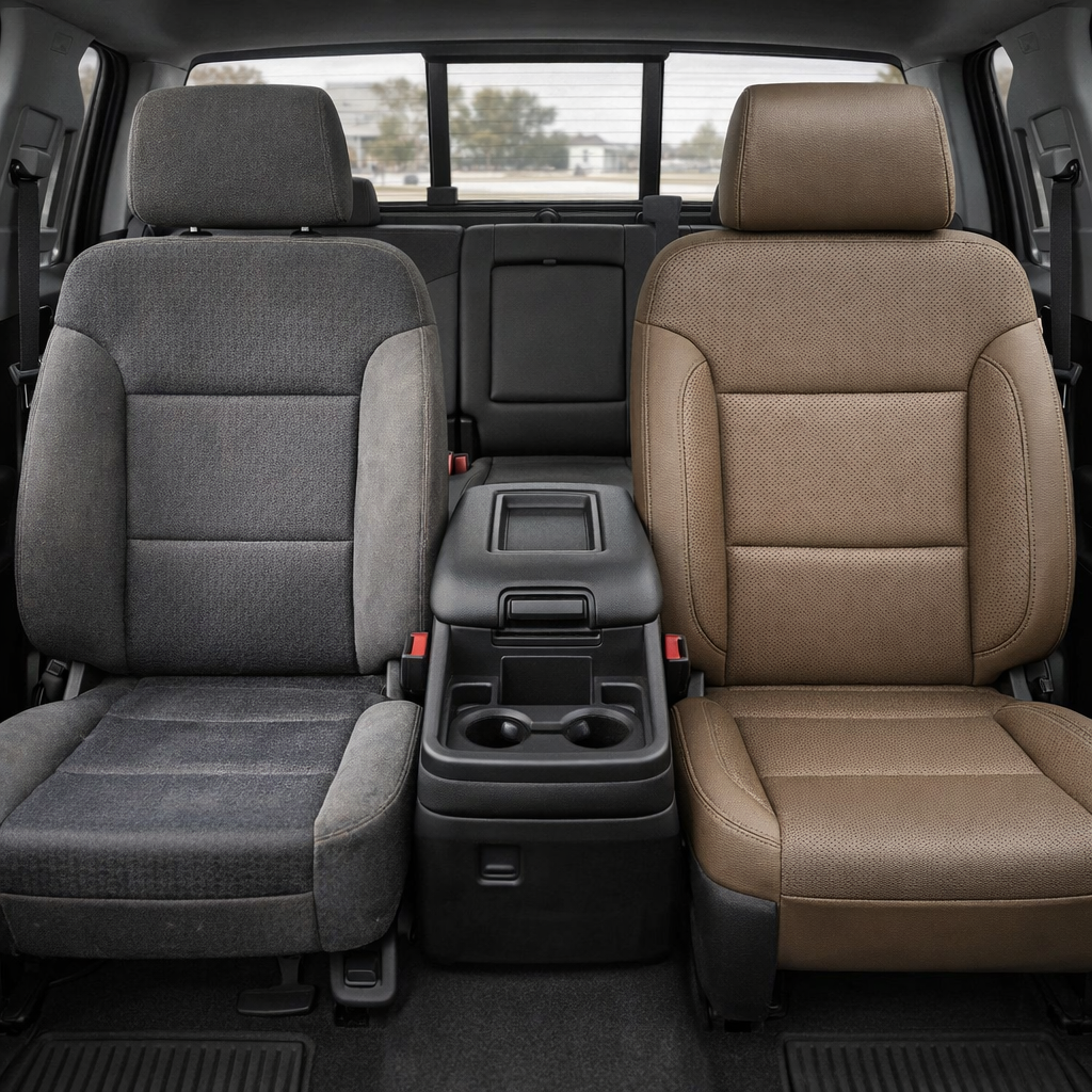 Before-and-after front in-cabin view of a 2014–2019 Chevrolet Silverado Old Body Style showing a seat upholstery upgrade: the left front seat has factory gray cloth upholstery, while the right front seat features an upgraded Leatherteck leather seat kit in Bristol brown with perforated inserts and Bristol tonal stitching. The image shows the Silverado interior with the front center console, cupholders, storage tray, rear bench seat, rear window, red seatbelt buckles, black floor mats, and dark interior tri