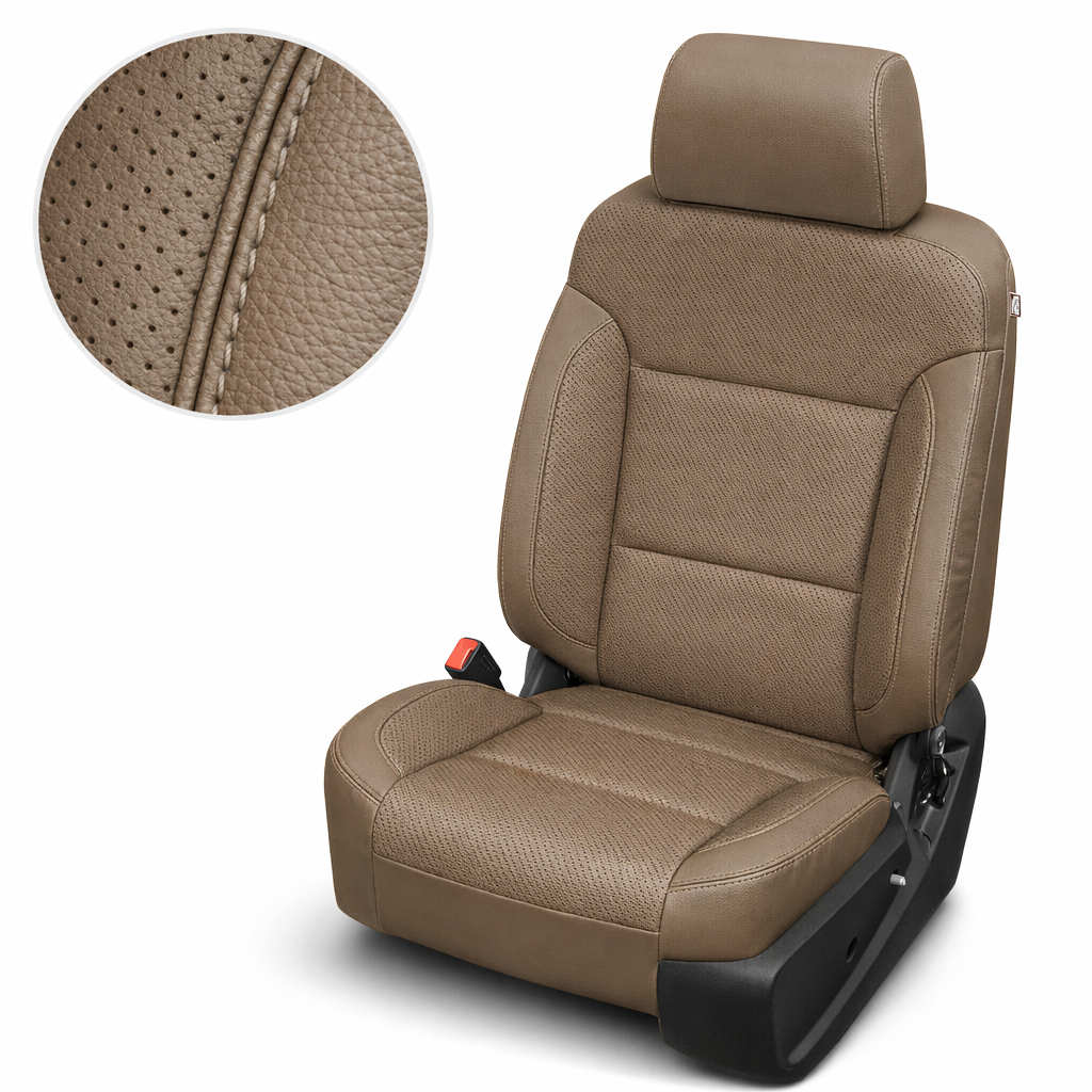 Close-up product image of a 2014–2019 Chevrolet Silverado Old Body Style Leatherteck leather seat upholstery kit in Bristol brown, featuring perforated inserts and Bristol tonal stitching. The seat is shown on a white background with a circular zoom inset highlighting the Bristol brown leather grain, perforation pattern, and matching tonal stitched seam detail. The full seat displays a Bristol brown headrest, perforated seatback and cushion center panels, smooth side bolsters, tonal stitching along the hea