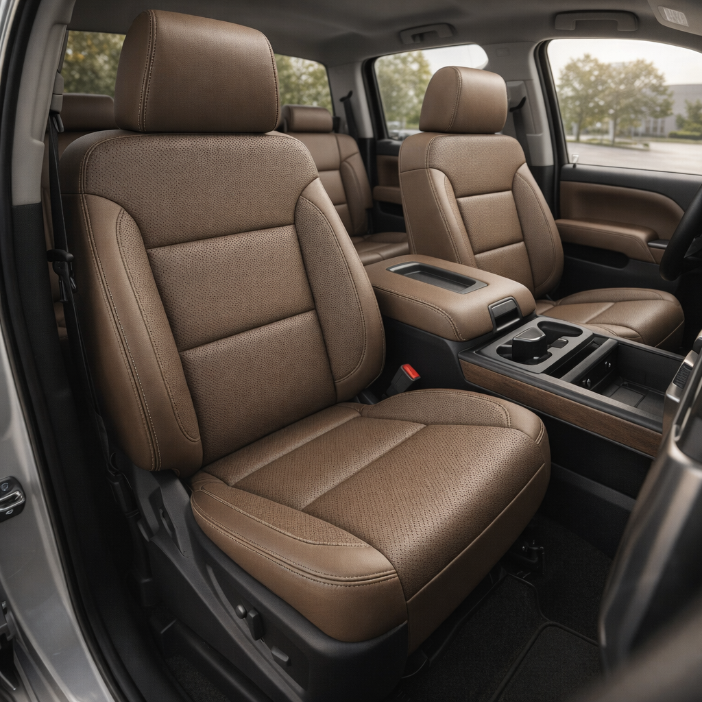  Front in-cabin view of a 2014–2019 Chevrolet Silverado Old Body Style with an installed Leatherteck leather seat upholstery kit in Bristol brown, featuring perforated inserts and Bristol tonal stitching. The image shows the upgraded driver and passenger front seats with Bristol brown leather headrests, perforated seatback and cushion center panels, smooth side bolsters, and tonal stitching along the headrests, bolsters, seams, and seat edges. 