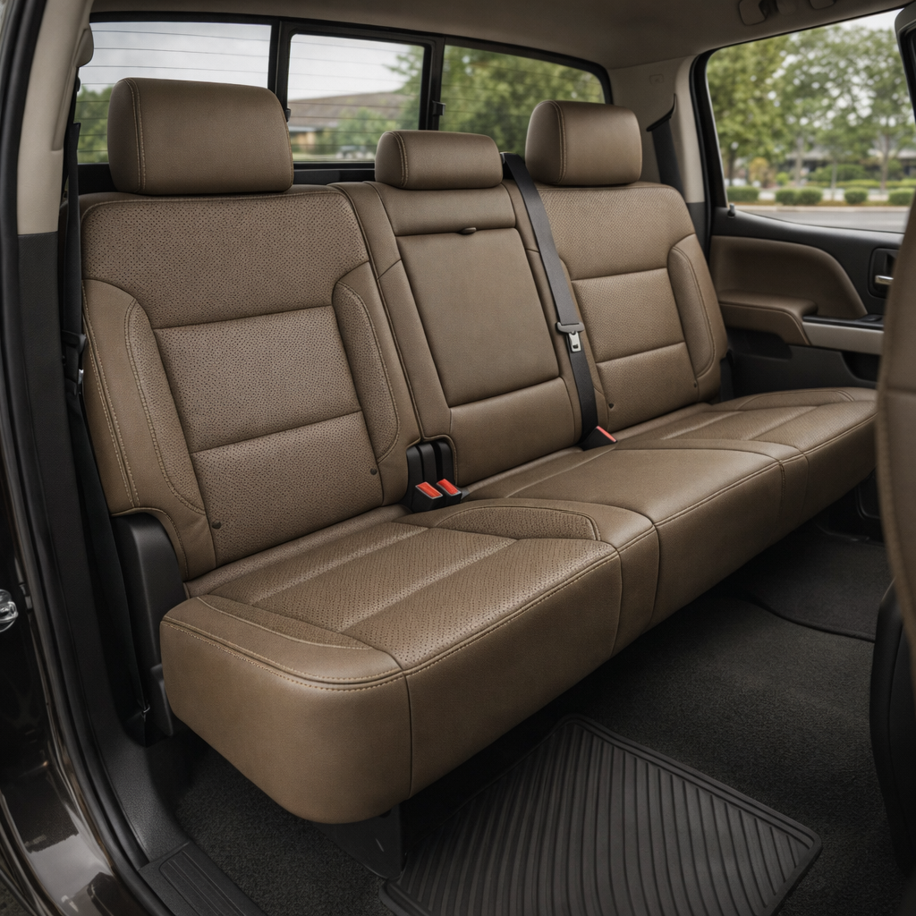 Rear in-cabin view of a 2014–2019 Chevrolet Silverado Old Body Style with an installed Leatherteck leather seat upholstery kit in Bristol brown, featuring perforated inserts and Bristol tonal stitching. The image shows the upgraded rear bench seat with three Bristol brown leather headrests, perforated seatback and seat cushion inserts, smooth brown side bolsters, and tonal stitching along the seams, headrests, bolsters, and seat edges. The Silverado rear cabin includes visible seatbelts, red seatbelt buckl