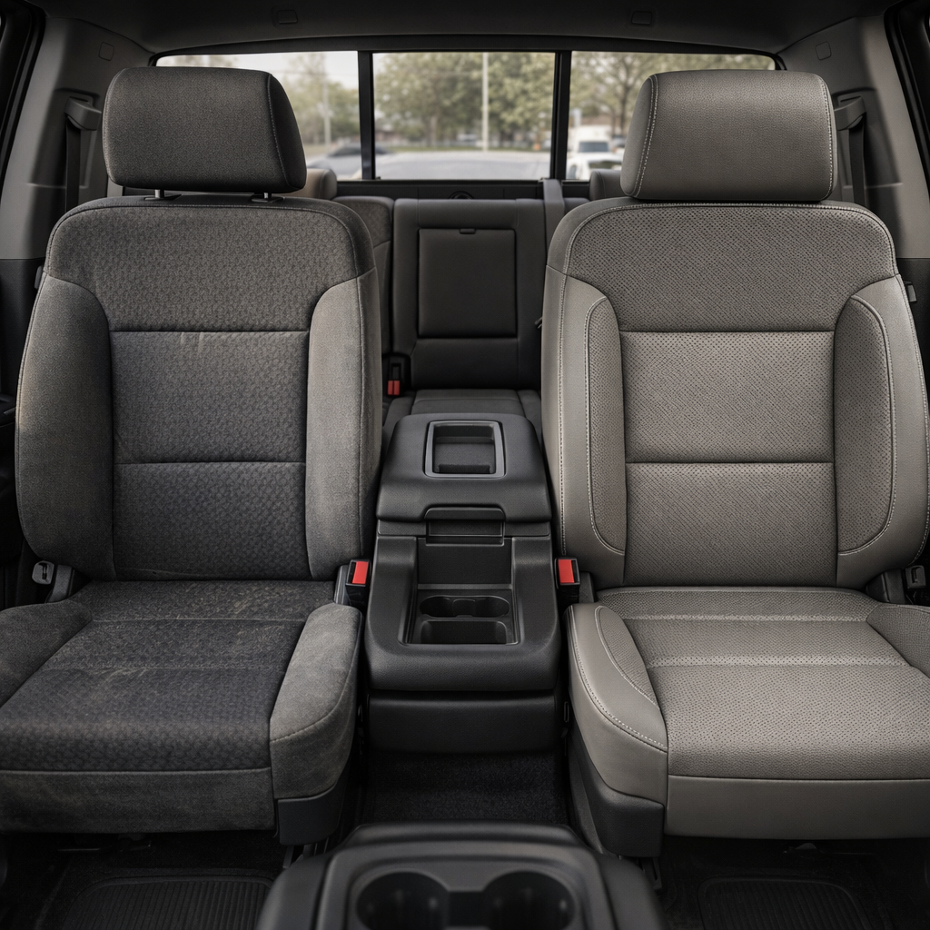 Before-and-after front in-cabin view of a 2014–2019 Chevrolet Silverado Old Body Style showing a seat upholstery upgrade: the left front seat has factory gray cloth upholstery, while the right front seat features an upgraded Leatherteck leather seat kit in light gray with perforated inserts and silver contrast stitching. The image shows the Silverado interior with the front center console, cupholders, storage compartment, rear bench seat, rear fold-down armrest, headrests, red seatbelt buckles, rear window