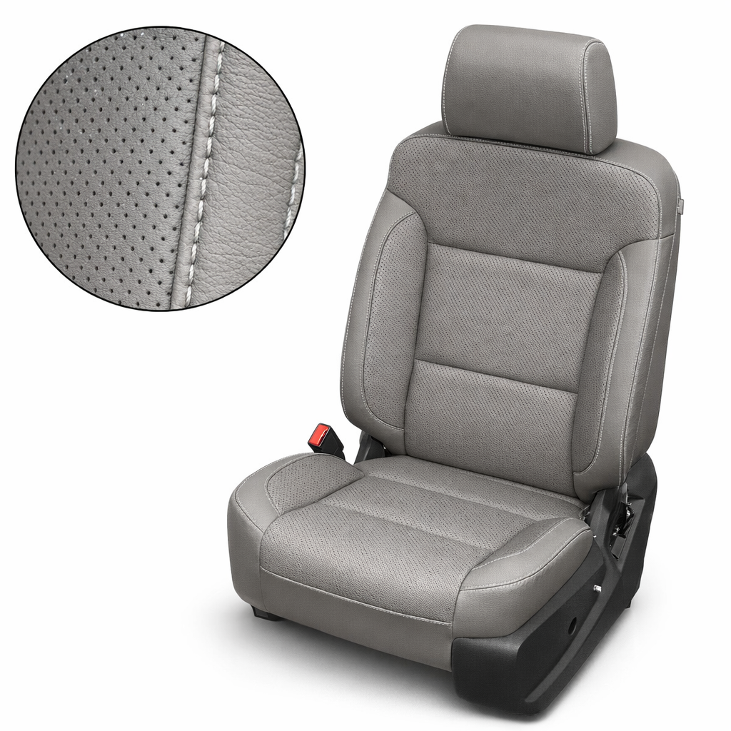 Close-up product image of a 2014–2019 Chevrolet Silverado Old Body Style Leatherteck leather seat upholstery kit in light gray, featuring perforated inserts and silver contrast stitching. The seat is shown on a white background with a circular zoom inset highlighting the light gray leather grain, perforation pattern, and silver double-stitched seam detail. The full seat displays a light gray headrest, perforated light gray seatback and cushion center panels, smooth light gray side bolsters, silver stitchin