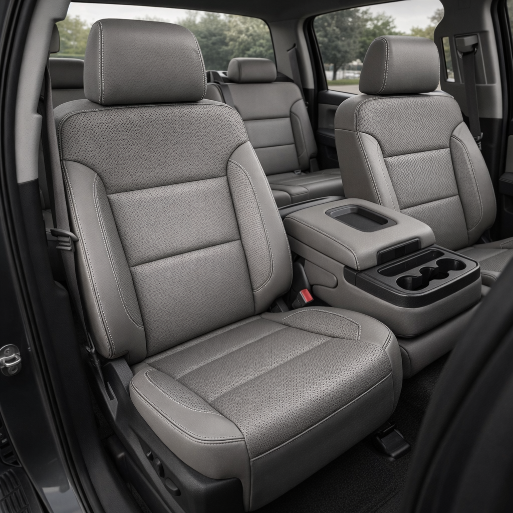Front in-cabin view of a 2014–2019 Chevrolet Silverado Old Body Style with an installed Leatherteck leather seat upholstery kit in light gray, featuring perforated inserts and silver contrast stitching. The image shows the upgraded driver and passenger front seats with light gray leather headrests, perforated light gray center panels on the seatbacks and cushions, smooth light gray side bolsters, and silver stitching along the headrests, bolsters, seams, and seat edges. The Silverado cabin includes the fro