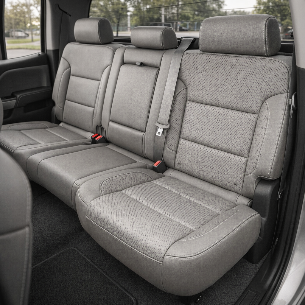 Rear in-cabin view of a 2014–2019 Chevrolet Silverado Old Body Style with an installed Leatherteck leather seat upholstery kit in light gray, featuring perforated inserts and silver contrast stitching. The image shows the upgraded rear bench seat with three light gray leather headrests, perforated light gray seatback and cushion inserts, smooth light gray side bolsters, and silver stitching along the headrests, seams, bolsters, and seat edges. The Silverado rear cabin includes visible rear seatbelts, red s
