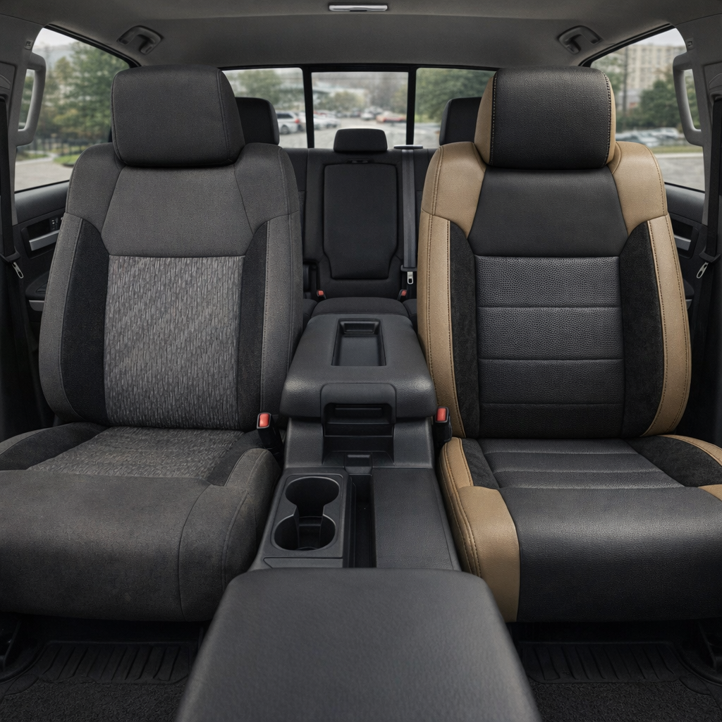  Before-and-after front in-cabin view of a 2014–2021 Toyota Tundra CrewMax split by seats: the left front seat shows the original factory gray cloth upholstery, while the right front seat shows the upgraded Leatherteck leather upholstery kit in beige with black suede inserts, featuring black leather facing panels, beige outer bolsters, black suede accent sections, paneled seat inserts, and contrast stitching, with the center console, cupholder, armrest, rear bench seat, rear window, seatbelt buckles, and bl