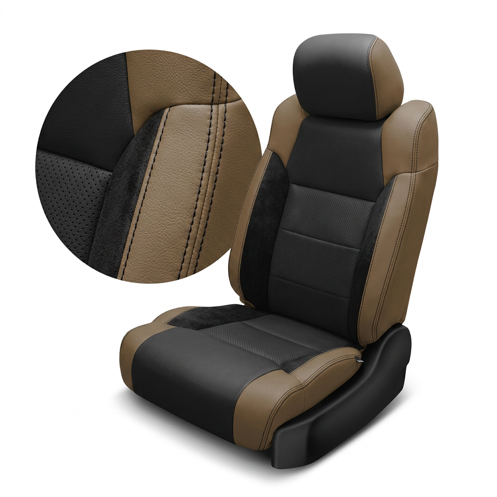  Close-up product image of a 2014–2021 Toyota Tundra CrewMax Leatherteck leather upholstery kit in beige with black suede inserts, featuring black leather facing panels, beige outer bolsters, black suede accent sections, perforated black center inserts, and black contrast stitching, shown on a white background with a circular zoom inset highlighting the leather grain, suede texture, perforation pattern, and double-stitched seam detail.