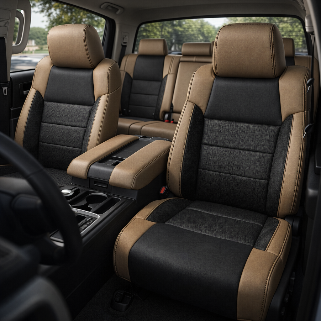 Front in-cabin view of a 2014–2021 Toyota Tundra CrewMax with an installed Leatherteck leather upholstery kit in beige with black suede inserts, featuring black leather facing panels, beige outer bolsters and headrests, black suede accent sections, paneled seat inserts, and contrast stitching, shown from the open driver-side door with the front bucket seats, center console/armrest, cupholders, gear shifter, steering wheel, rear bench seat, and black floor mat visible.