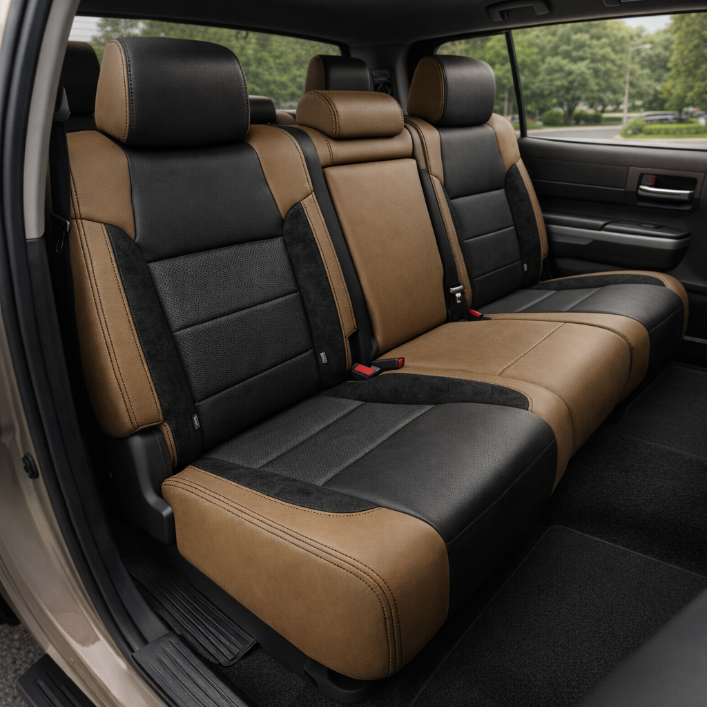 Rear in-cabin view of a 2014–2021 Toyota Tundra CrewMax with an installed Leatherteck leather upholstery kit in beige with black suede inserts, featuring black leather facing panels, beige outer bolsters, black suede accent sections, paneled rear bench seat inserts, and contrast stitching, shown through the open rear door with the rear bench seat, three headrests, seatbelts/buckles, rear door panel, rear window, and black floor mat visible.