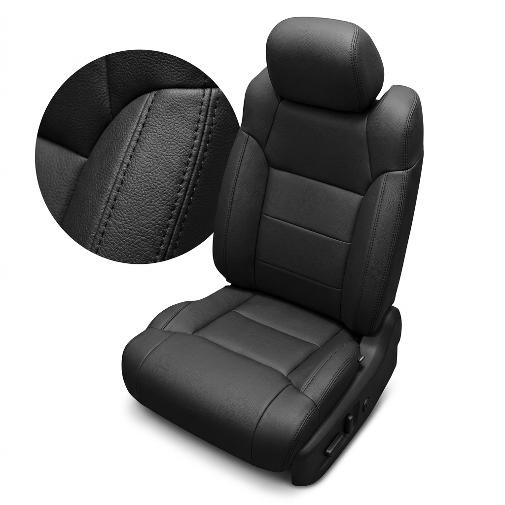 Close-up product image of a 2014–2021 Toyota Tundra CrewMax Leatherteck leather upholstery kit in black tone-on-tone, featuring black leather facing panels, black outer bolsters, paneled seatback and cushion inserts, matching black headrest, and subtle black stitching, shown on a white background with a circular zoom inset highlighting the leather grain, panel seam layout, and double-stitched black seam detail.