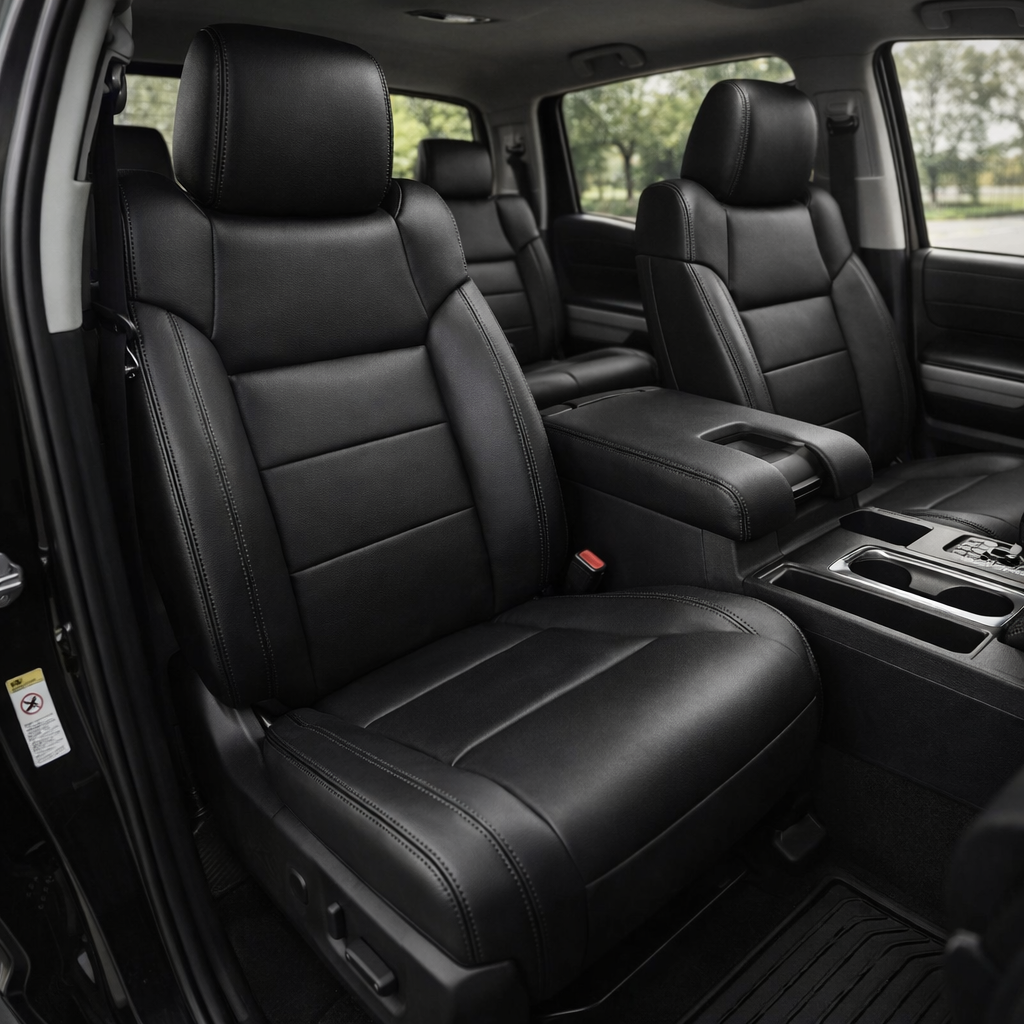  Front in-cabin view of a 2014–2021 Toyota Tundra CrewMax with an installed Leatherteck leather upholstery kit in black tone-on-tone, featuring black leather front bucket seats, matching black headrests, paneled seatback and cushion inserts, black outer bolsters, and subtle black stitching, shown from the open driver-side door with the center console/armrest, cupholders, shifter area, rear bench seat, door panel, and black all-weather floor mat visible.