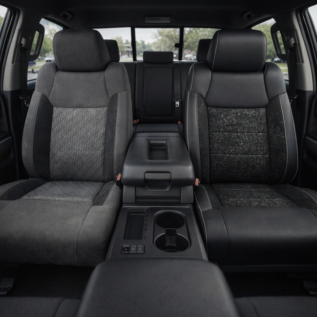 Before-and-after front in-cabin view of a 2014–2021 Toyota Tundra CrewMax split by seats: the left front seat shows the original factory gray cloth upholstery, while the right front seat shows the upgraded Leatherteck leather upholstery kit in black with Ash Gray western floral-pattern inserts, featuring Ash Gray contrast stitching, black leather bolsters, and textured floral accent panels, with the center console, cupholders, armrest, rear bench seat, rear window, seatbelt buckles, and black interior trim 