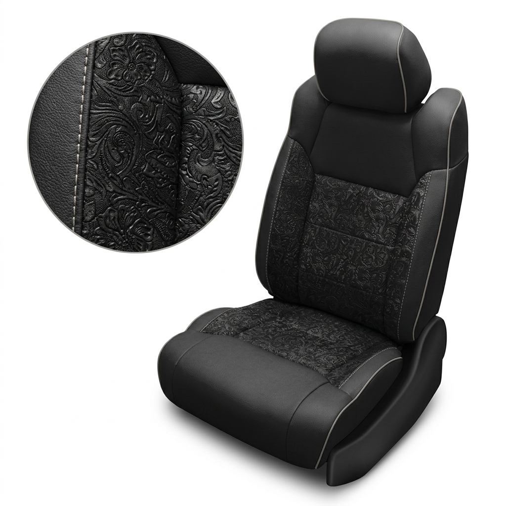  Close-up product image of a 2014–2021 Toyota Tundra CrewMax Leatherteck leather upholstery kit in black with Ash Gray western floral-pattern inserts, featuring Ash Gray contrast stitching, black leather bolsters, and textured embossed floral accent panels, shown on a white background with a circular zoom inset highlighting the western floral texture, black leather grain, and double-stitched seam detail.