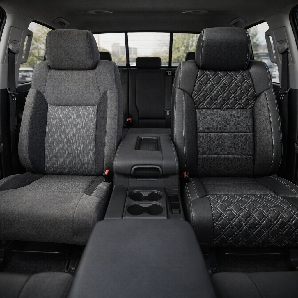 Before-and-after front in-cabin view of a 2014–2021 Toyota Tundra CrewMax split by seats: the left front seat shows the original factory gray cloth upholstery, while the right front seat shows the upgraded Leatherteck leather upholstery kit in black with Ash Gray double diamond-stitched inserts, Ash Gray contrast stitching, and black leather bolsters, with the center console, cupholders, armrest, rear bench seat, rear window, seatbelt buckles, and black floor mats visible.
