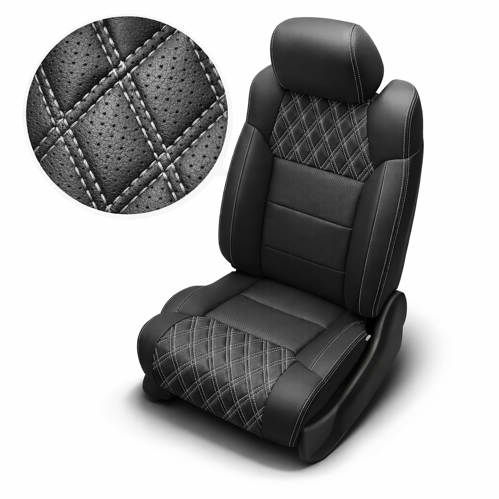 Close-up product image of a 2014–2021 Toyota Tundra CrewMax Leatherteck leather upholstery kit in black with Ash Gray double diamond-stitched inserts, featuring Ash Gray contrast stitching, black leather bolsters, and perforated black center panels, shown on a white background with a circular zoom inset highlighting the perforated leather grain, double diamond stitch pattern, and stitched seam detail.