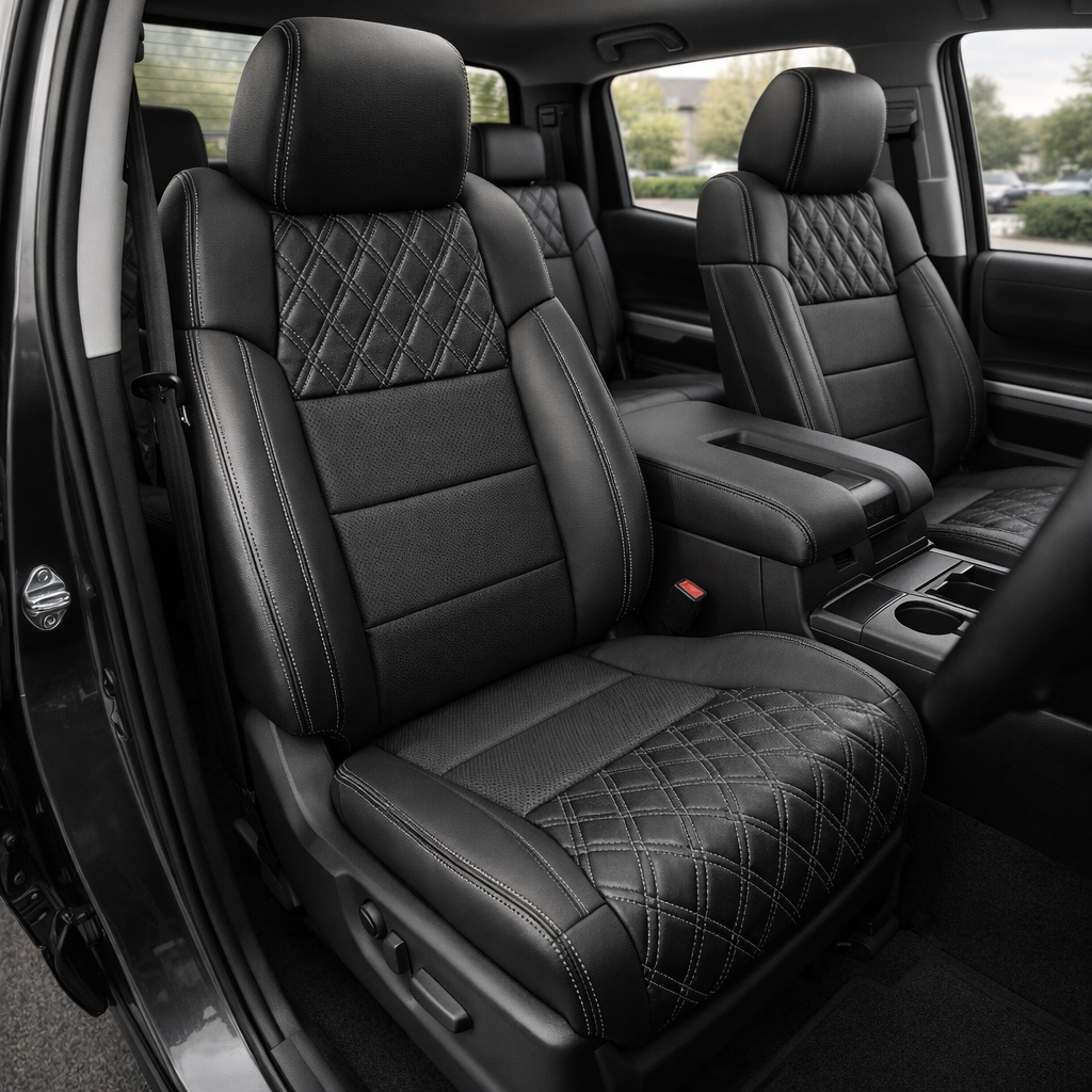 Front in-cabin view of a 2014–2021 Toyota Tundra CrewMax with an installed Leatherteck leather upholstery kit in black with Ash Gray double diamond-stitched inserts, featuring Ash Gray contrast stitching and black leather bolsters, shown from the open driver-side door with the front bucket seats, headrests, center console/armrest, cupholders, rear seating area, door panel, and black floor mat visible.