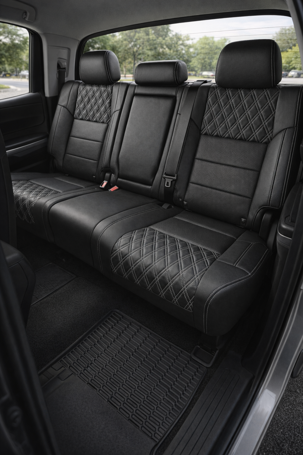 Rear in-cabin view of a 2014–2021 Toyota Tundra CrewMax with an installed Leatherteck leather upholstery kit in black with Ash Gray double diamond-stitched inserts, featuring Ash Gray contrast stitching, black leather bolsters, and perforated black center panels, shown through the open rear door with the rear bench seat, three h