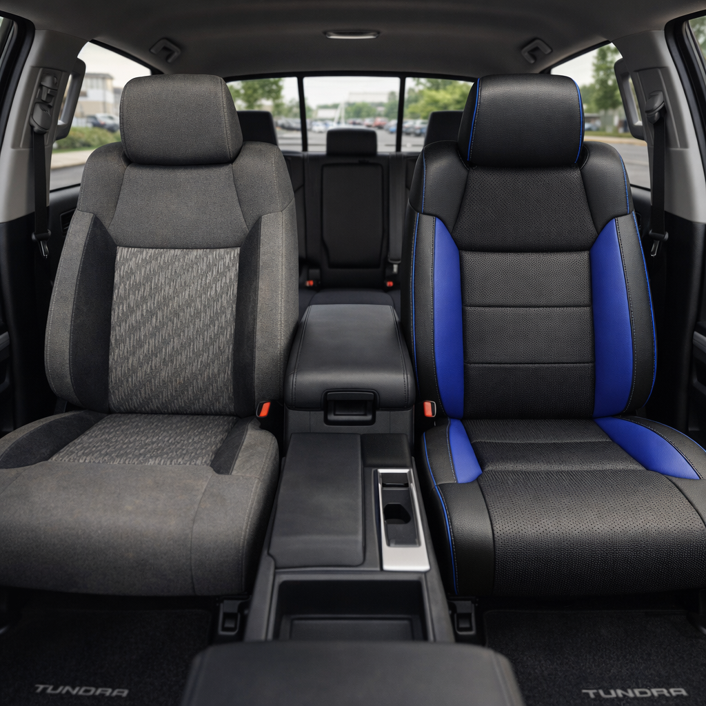 Before-and-after front in-cabin view of a 2014–2021 Toyota Tundra CrewMax split by seats: the left front seat shows the original factory gray cloth upholstery, while the right front seat shows the upgraded Leatherteck leather upholstery kit in black with Barracuda Blue accent panels, cobalt blue contrast stitching, and perforated black center sections, with the center console, cupholders, rear bench seat, rear window, seatbelt buckles, black floor mats, and Tundra floor logos visible.